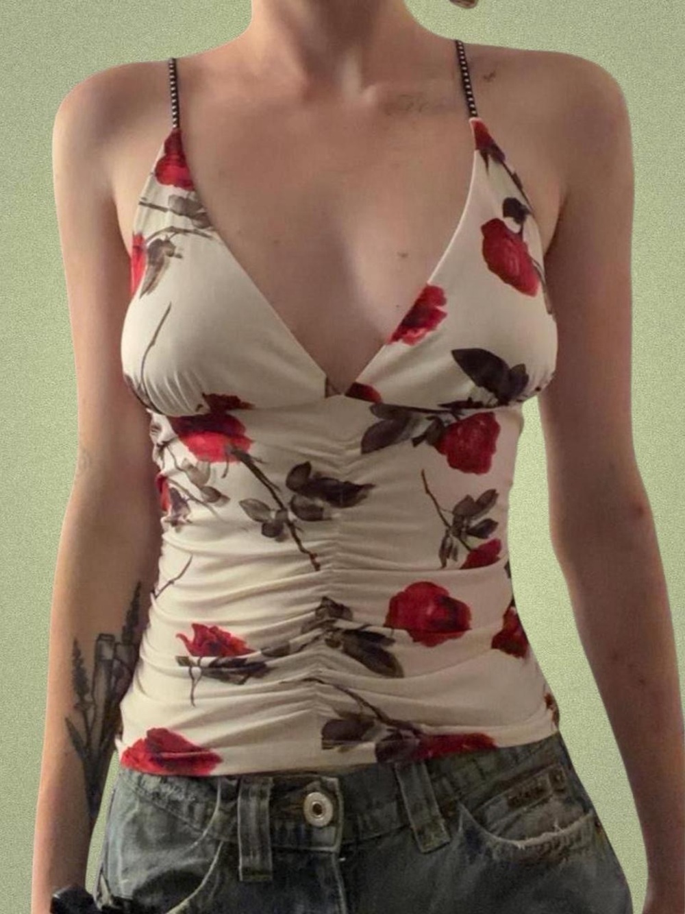 Floral Ruched V-Neck Cami Tank Top - Cream with Red Rose Print